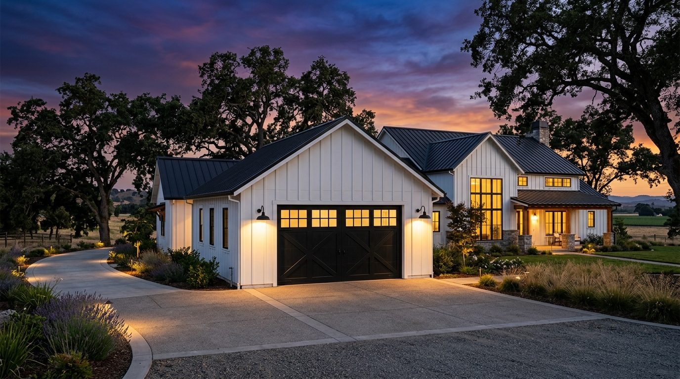 Begum Garage Door Repair Exterior Closed Garage Door at Twilight
